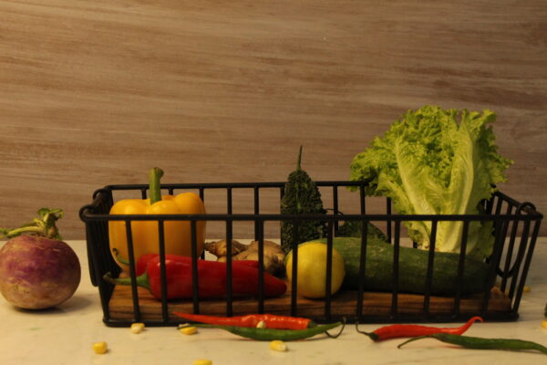 SET OF 2 STORAGE BASKET | KRIMADH METAL WIRE BLACK BASKET WITH WOODEN BASE FRUIT VEGETABLE HOLDER DIWALI GIFTING DECOR RECTANGLE SHAPE LONG HANDLE | KITCHEN APPLIANCES | KRIMADH PRODUCTS