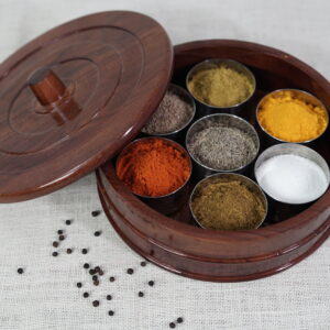 WOODEN SPICE BOX WITH 7 STEEL BOWL AND ONE SPOON / MANGIFERA INDICA