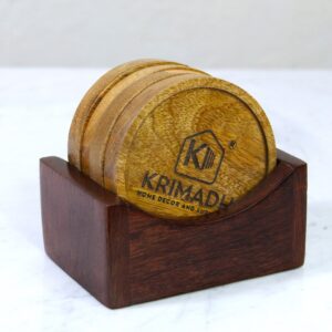 Wooden Coaster Set of 4 with Stand | Mango Wood & MDF | Natural Brown Finish