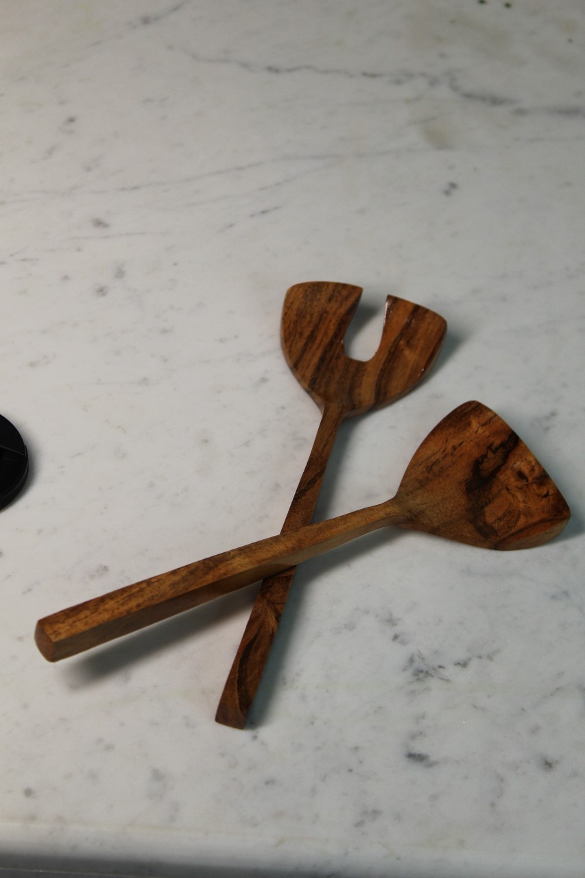 Wooden Kitchen Spoon & Server Set of 2 | Acacia Wood | Natural Finish | 10 inch