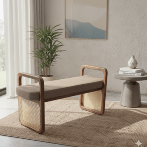 [MIT-036] | Mid-Century Modern Acacia Wood Bench | Acacia Wood & Rattan Bench with Cushion| krimadh HOme Decor
