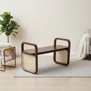 [ MIT-035 ] | Mid-Century Modern Acacia Wood & Rattan Bench | Acacia Wood & Rattan Bench | krimadh home Decor